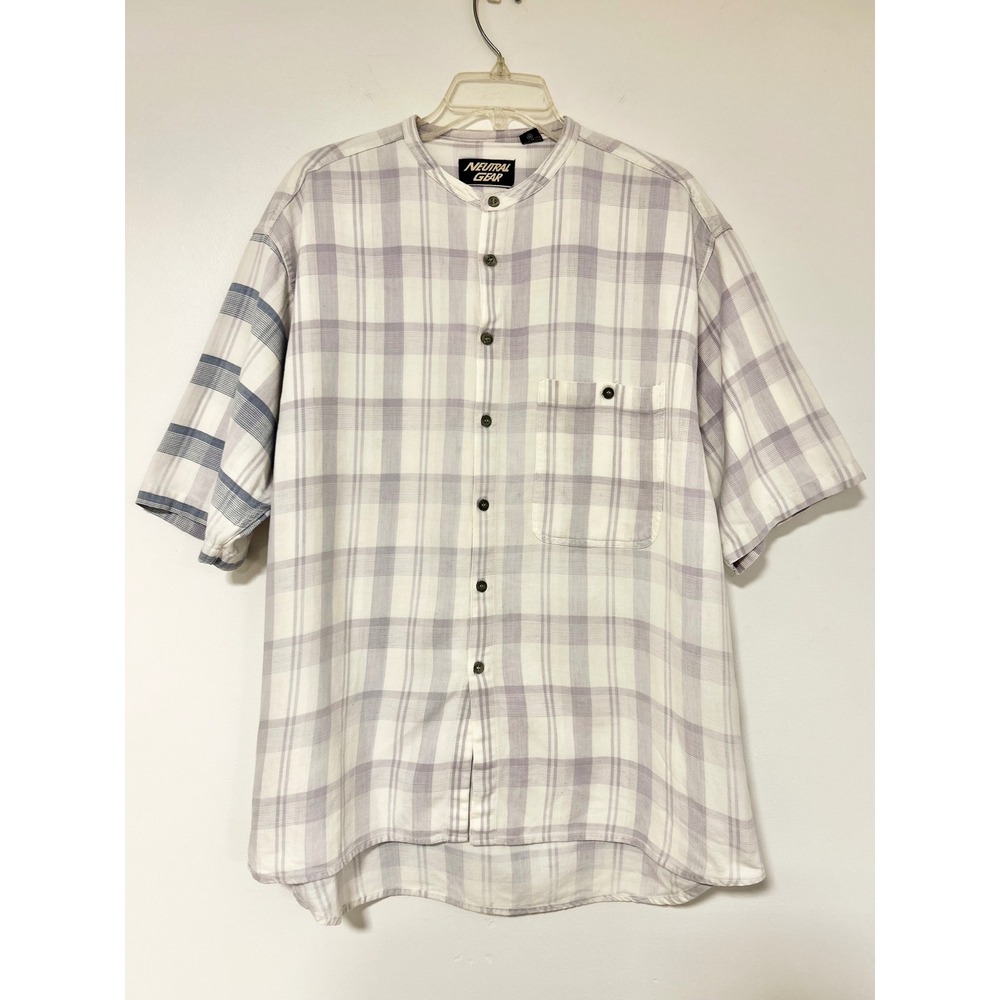 90s Neutral Gear Mens Plaid Band Collar Short Sleeve Cotton Shirt White PURPLE L